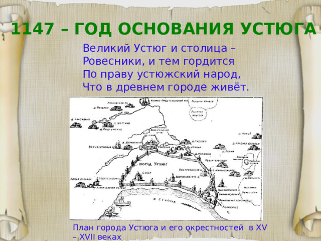 1147 – ГОД ОСНОВАНИЯ УСТЮГА Великий Устюг и столица – Ровесники, и тем гордится По праву устюжский народ, Что в древнем городе живёт. План города Устюга и его окрестностей в XV – XVII веках 