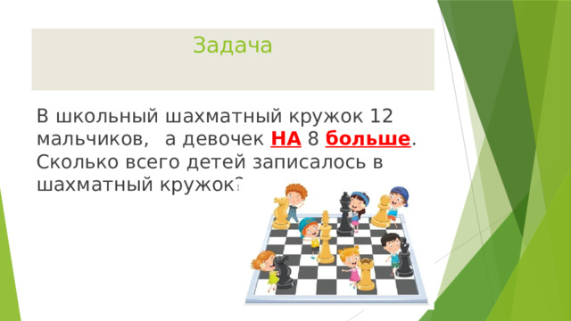 Задача В школьный шахматный кружок 12 мальчиков,  а девочек НА 8 больше . Сколько всего детей записалось в шахматный кружок? 