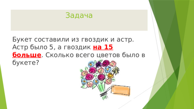 Задача Букет составили из гвоздик и астр. Астр было 5, а гвоздик на 15 больше . Сколько всего цветов было в букете? 