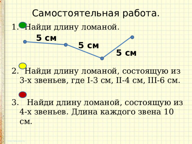 Самостоятельная работа.  Найди длину ломаной.  Найди длину ломаной, состоящую из 3-х звеньев, где I-3 см, II-4 см, III-6 см.  Найди длину ломаной, состоящую из 4-х звеньев. Длина каждого звена 10 см. 5 см 5 см 5 см  