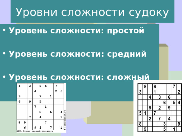 Уровни сложности судоку Уровень сложности: простой  Уровень  сложности:  средний