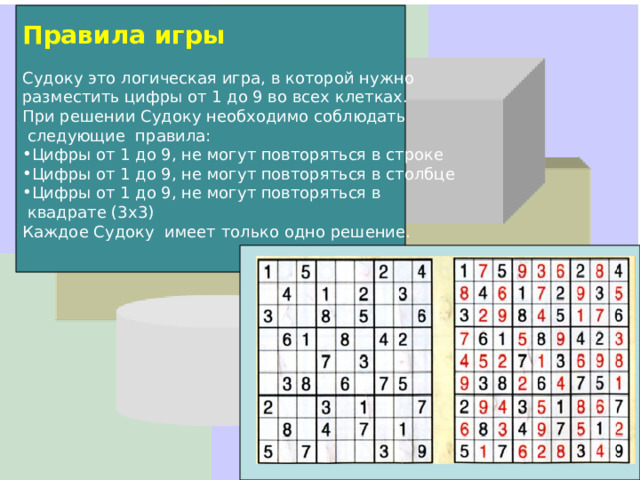 Правила игры  Судоку это логическая игра, в которой нужно разместить цифры от 1 до 9 во всех клетках. При решении Судоку необходимо соблюдать  следующие правила: Цифры от 1 до 9, не могут повторяться в строке Цифры от 1 до 9, не могут повторяться в столбце Цифры от 1 до 9, не могут повторяться в  квадрате (3х3) Каждое Судоку  имеет только одно решение.