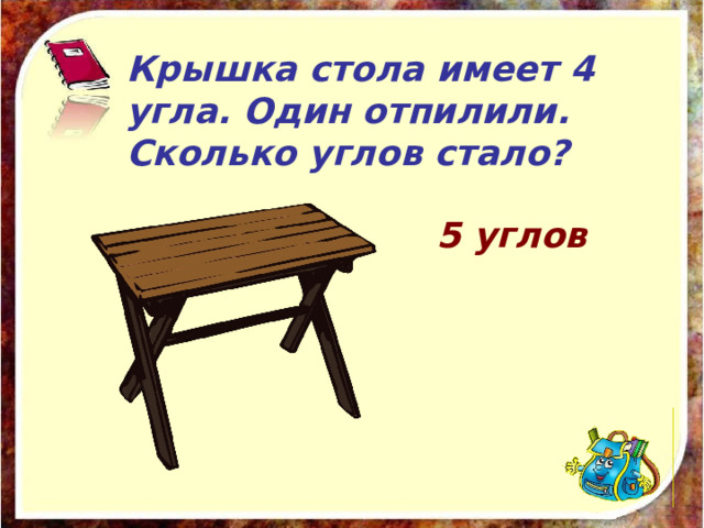 Крышка стола имеет 4 угла. Один отпилили. Сколько углов стало? 5 углов 