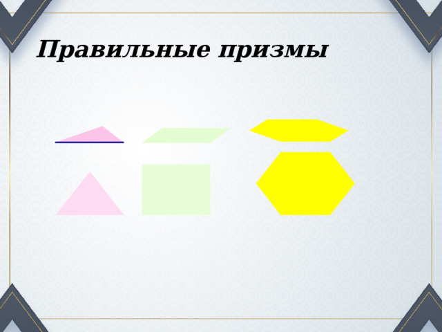 Правильные призмы У правильной треугольной призмы в основании лежит равносторонний треугольник У правильной четырехугольной призмы в основании лежит квадрат У правильной шестиугольной призмы в основании лежит правильный шестиугольник 