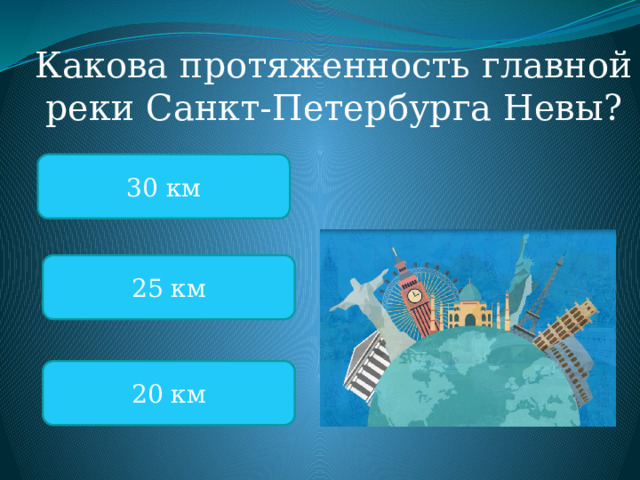 Какова протяженность главной реки Санкт-Петербурга Невы? 30 км 25 км 20 км 