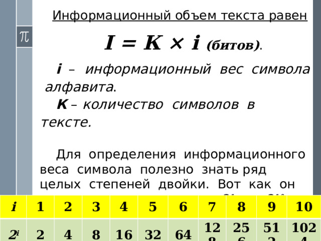Алфавит русского языка включает 33 буквы . Если к нему добавить еще пробел и пять знаков препинания, то получится набор из 39 символов . Для двоичного кодирования символов такого алфавита пятиразрядного кода уже недостаточно. Нужен как минимум  6-разрядный код . Поскольку 2 6 = 64, то остается еще резерв для 25 символов. Его можно использовать для кодирования цифр, всевозможных скобок, знаков математических операций и других символов, встречающихся в русском тексте. Следовательно, информационный вес символа в расширенном русском алфавите будет равен 6 битам . А текст из 1000 символов будет иметь объем 6000 битов. 