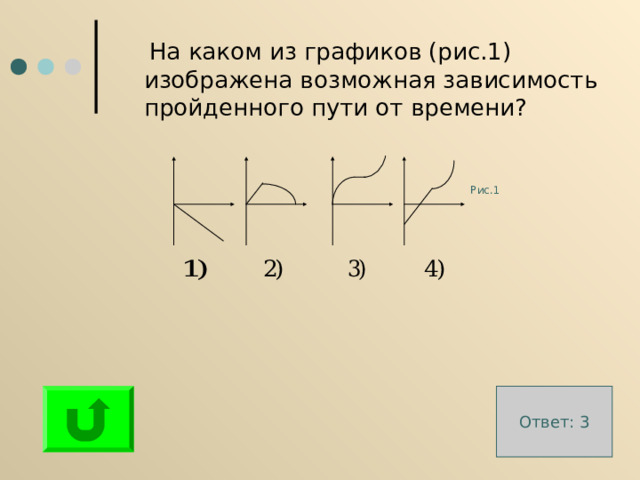  На каком из графиков (рис.1) изображена возможная зависимость пройденного пути от времени? Рис.1 Ответ: 3 