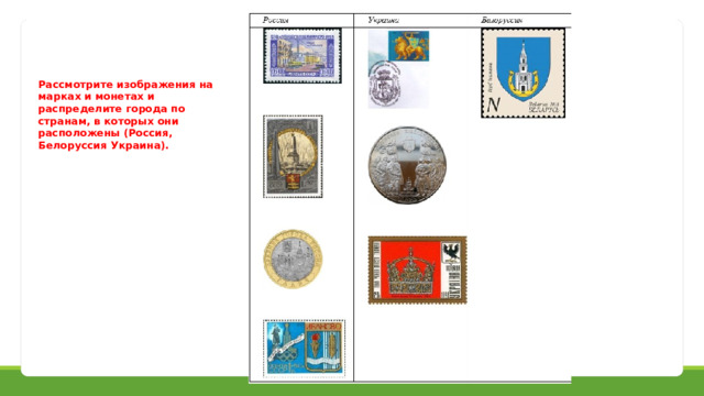 Рассмотрите изображения на марках и монетах и распределите города по странам, в которых они расположены (Россия, Белоруссия Украина). 