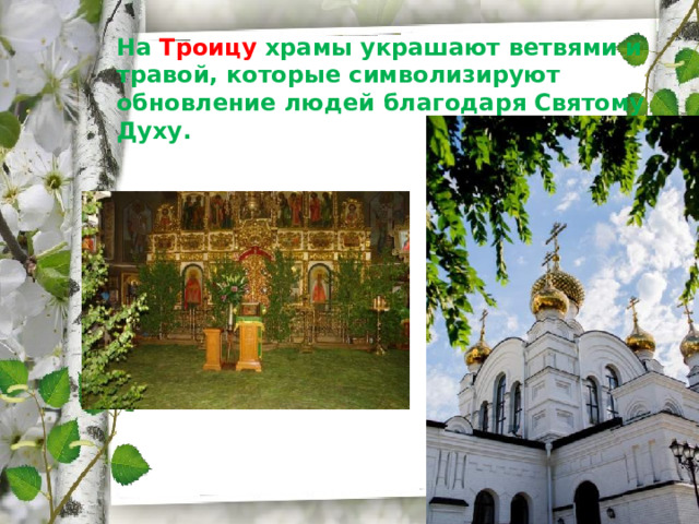 На Троицу храмы украшают ветвями и травой, которые символизируют обновление людей благодаря Святому Духу. 