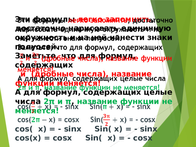 Эти формулы легко запомнить , достаточно нарисовать единичную окружность и на ней нанести знаки полуосей.  Заметьте, что для формул, содержащих   и (дробные числа), название функции меняется!  А для формул, содержащих целые числа 2π и π , название функции не меняется!   cos( х) = - sinx Sin( х) = - sinx  cos(х) = cosx Sin( х) = - cosx         