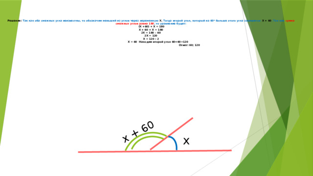 х + 60 Решение: Так как оба смежных угла неизвестны, то обозначим меньший из углов через переменную Х. Тогда второй угол, который на 60 0 больше этого угла запишется: Х + 60 . Так как сумма смежных углов равна 180 , то уравнение будет:   (Х +60) + Х = 180  Х + 60 + Х = 180  2Х = 180 – 60  2Х = 120  Х = 120 : 2  Х = 60 Находим второй угол 60+60=120  Ответ: 60; 120   х 