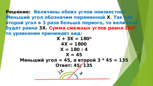 Х 3Х Решение: Величины обоих углов неизвестны. Меньший угол обозначим переменной Х . Так как второй угол в 3 раза больше первого, то величина будет равна 3Х. Сумма смежных углов равна 180 0 , то уравнение принимает вид: Х + 3Х = 180 0 4Х = 1800 Х = 180 : 4 Х = 45 Меньший угол = 45, а второй 3 * 45 = 135 Ответ: 45; 135 50 