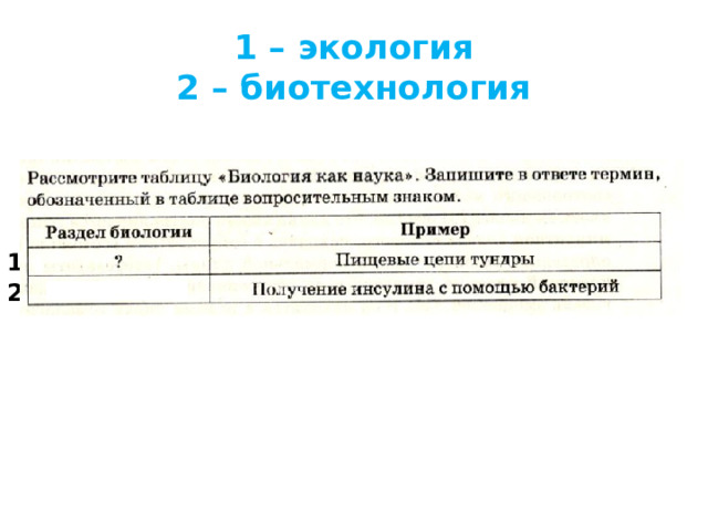 1 – экология  2 – биотехнология 1 2 