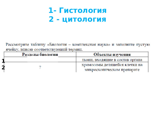 1- Гистология  2 - цитология 1 2 