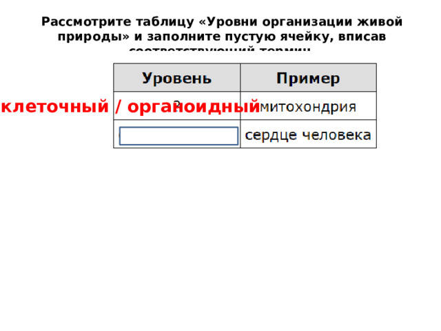 Рассмотрите таблицу «Уровни организации живой природы» и заполните пустую ячейку, вписав соответствующий термин. клеточный / органоидный 