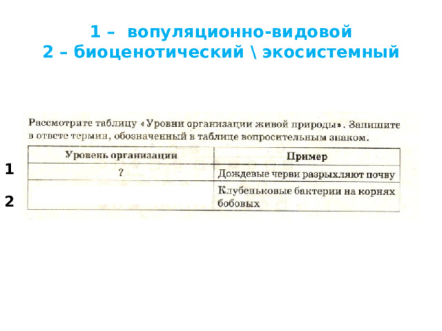 1 – вопуляционно-видовой  2 – биоценотический \ экосистемный 1 2 