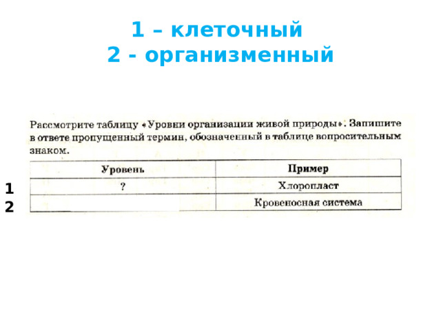 1 – клеточный  2 - организменный 1 2 