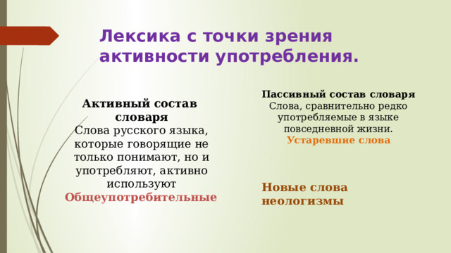 Лексика с точки зрения активности употребления. Пассивный состав словаря Слова, сравнительно редко употребляемые в языке повседневной жизни. Устаревшие слова   Новые слова неологизмы Активный состав словаря Слова русского языка, которые говорящие не только понимают, но и употребляют, активно используют Общеупотребительные 