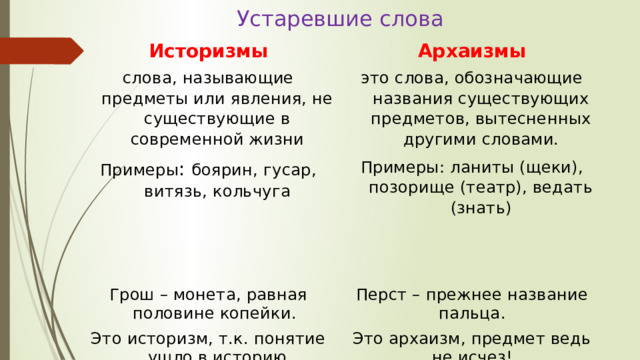 Устаревшие слова Историзмы Архаизмы слова, называющие предметы или явления, не существующие в современной жизни Примеры : боярин, гусар, витязь, кольчуга это слова, обозначающие названия существующих предметов, вытесненных другими словами. Грош – монета, равная половине копейки. Примеры: ланиты (щеки), позорище (театр), ведать (знать) Это историзм, т.к. понятие ушло в историю Перст – прежнее название пальца. Это архаизм, предмет ведь не исчез! 