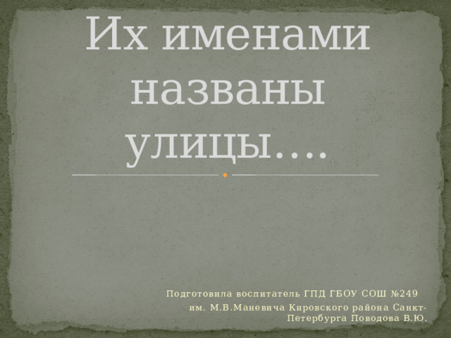 Их именами названы улицы…. Подготовила воспитатель ГПД ГБОУ СОШ №249 им. М.В.Маневича Кировского района Санкт-Петербурга Поводова В.Ю. 