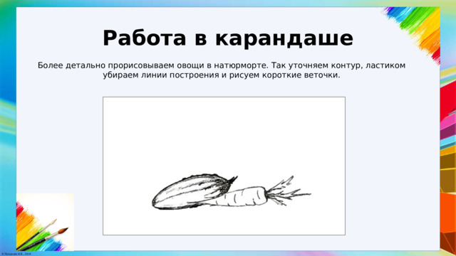 Работа в карандаше Более детально прорисовываем овощи в натюрморте. Так уточняем контур, ластиком убираем линии построения и рисуем короткие веточки. 