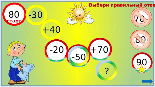 Выбери правильный ответ! 80 -30 70 старт +40 80 +70 -20 -50 90 ?