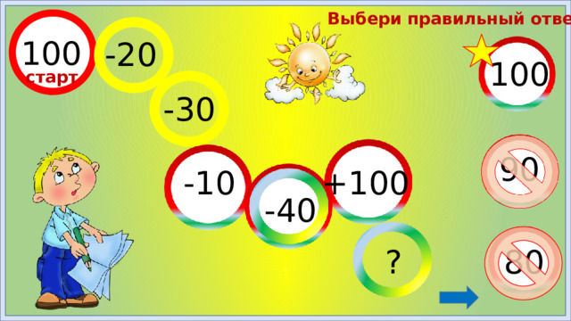 Выбери правильный ответ! 100 -20 100 старт -30 90 +100 -10 -40 80 ?