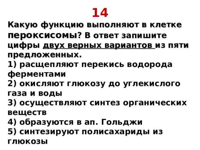 14 Какую функцию выполняют в клетке пероксисомы ? В ответ запишите цифры двух верных вариантов из пяти предложенных.  1) расщепляют перекись водорода ферментами  2) окисляют глюкозу до углекислого газа и воды  3) осуществляют синтез органических веществ  4) образуются в ап. Гольджи  5) синтезируют полисахариды из глюкозы 