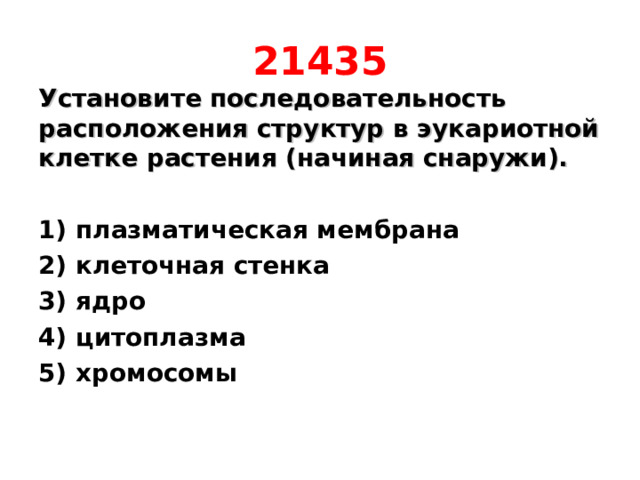 21435 Установите последовательность расположения структур в эукариотной клетке растения (начиная снаружи).   1) плазматическая мембрана 2) клеточная стенка 3) ядро 4) цитоплазма 5) хромосомы 