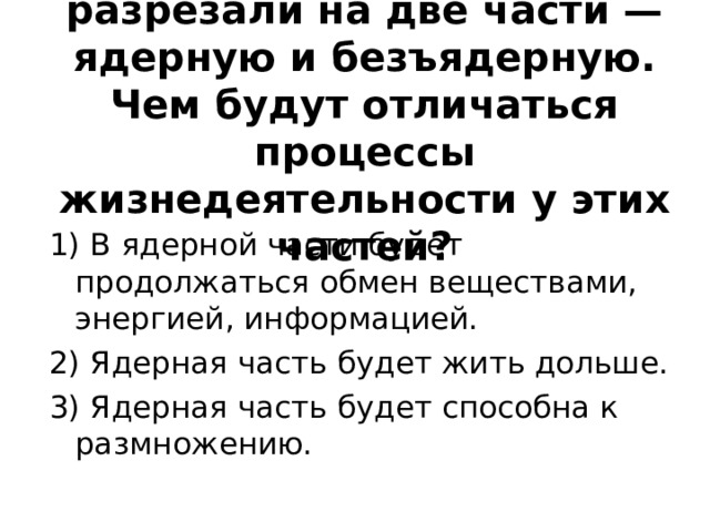 Представьте, что амёбу разрезали на две части — ядерную и безъядерную. Чем будут отличаться процессы жизнедеятельности у этих частей?   1) В ядерной части будет продолжаться обмен веществами, энергией, информацией. 2) Ядерная часть будет жить дольше. 3) Ядерная часть будет способна к размножению. 