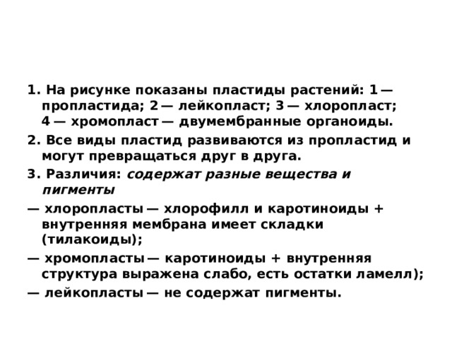 1. На рисунке показаны пластиды растений: 1 — пропластида; 2 — лейкопласт; 3 — хлоропласт; 4 — хромопласт — двумембранные органоиды. 2. Все виды пластид развиваются из пропластид и могут превращаться друг в друга. 3. Различия:  содержат разные вещества и пигменты — хлоропласты — хлорофилл и каротиноиды + внутренняя мембрана имеет складки (тилакоиды); — хромопласты — каротиноиды + внутренняя структура выражена слабо, есть остатки ламелл); — лейкопласты — не содержат пигменты.  