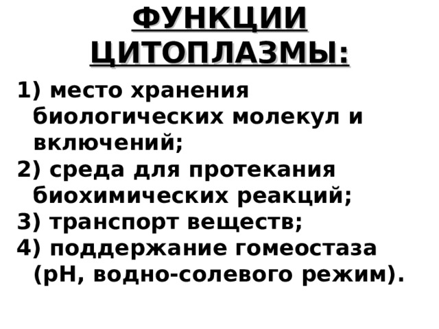 ФУНКЦИИ ЦИТОПЛАЗМЫ:   1) место хранения биологических молекул и включений; 2) среда для протекания биохимических реакций; 3) транспорт веществ; 4) поддержание гомеостаза (рН, водно-солевого режим).  