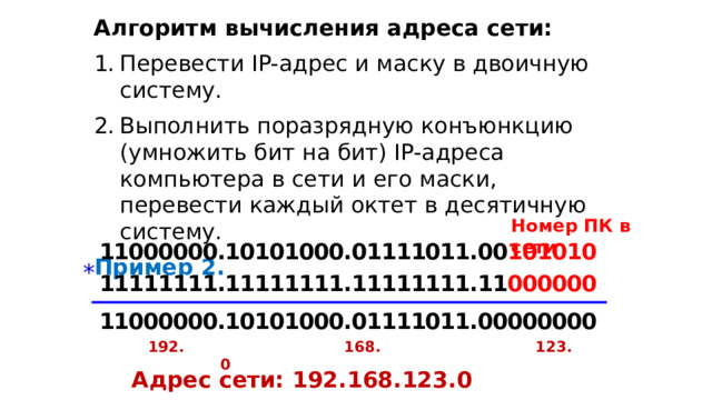 Алгоритм вычисления адреса сети: Перевести IP-адрес и маску в двоичную систему. Выполнить поразрядную конъюнкцию (умножить бит на бит) IP-адреса компьютера в сети и его маски, перевести каждый октет в десятичную систему. Пример 2. Номер ПК в сети 1 1 0 0 0 0 0 0 . 1 0 1 0 1 0 0 0 . 0 1 1 1 1 0 1 1 . 0 0 1 0 1 0 1 0 * 1 1 1 1 1 1 1 1 . 1 1 1 1 1 1 1 1 . 1 1 1 1 1 1 1 1 . 1 1 0 0 0 0 0 0 1 1 0 0 0 0 0 0 . 1 0 1 0 1 0 0 0 . 0 1 1 1 1 0 1 1 . 0 0 0 0 0 0 0 0 192. 168. 123. 0 Адрес сети: 192.168.123.0 