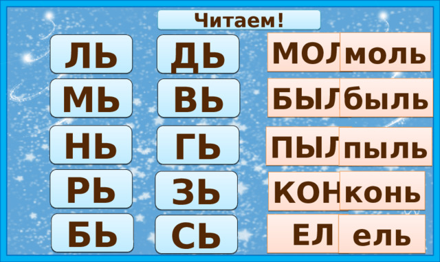 Читаем! моль МОЛ ЛЬ ДЬ БЫЛ быль ВЬ МЬ НЬ ГЬ ПЫЛ пыль РЬ ЗЬ конь КОН БЬ  ЕЛ  ель СЬ