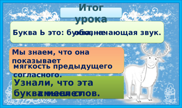 Итог урока Буква Ь это: буква, не обозначающая звук. Мы знаем, что она показывает  мягкость предыдущего согласного. 5. Итог Узнали, что эта буква меняет смысл слов.