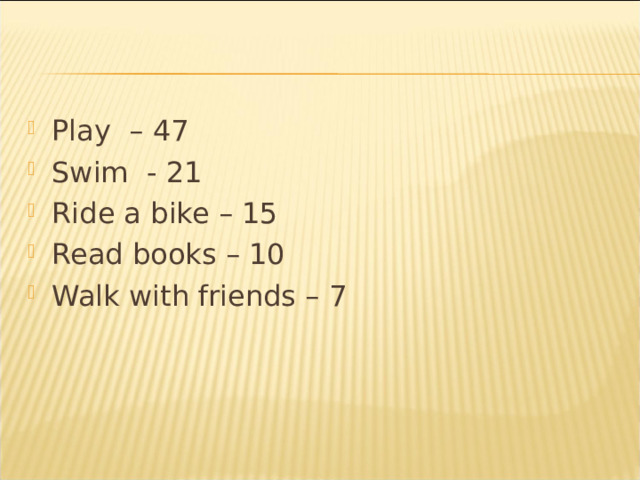 Play – 47 Swim - 21 Ride a bike – 15 Read books – 10 Walk with friends – 7  