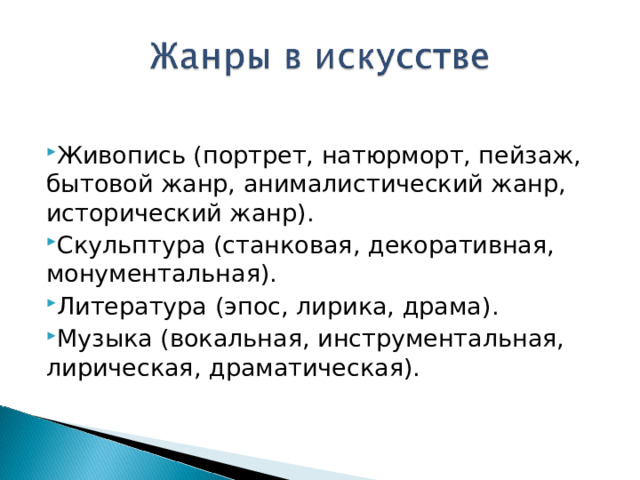 Живопись (портрет, натюрморт, пейзаж, бытовой жанр, анималистический жанр, исторический жанр). Скульптура (станковая, декоративная, монументальная). Литература (эпос, лирика, драма). Музыка (вокальная, инструментальная, лирическая, драматическая). 