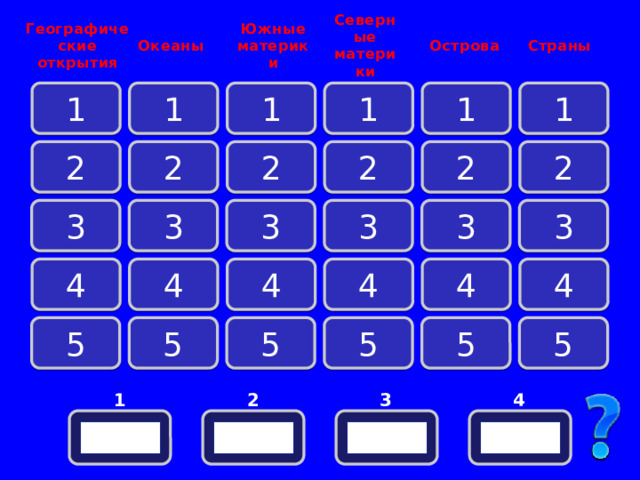 Географические открытия Океаны Южные материки Северные материки Острова Страны 1 1 1 1 1 1 2 2 2 2 2 2 3 3 3 3 3 3 4 4 4 4 4 4 5 5 5 5 5 5 1 2 3 4 0    