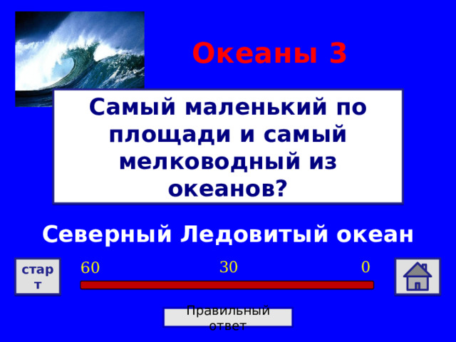 Океаны  3 Самый маленький по площади и самый мелководный из океанов? Северный Ледовитый океан 0 30 60 старт Правильный ответ 