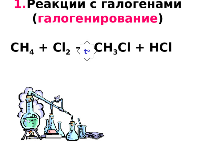 1. Реакции с галогенами  ( галогенирование )   CH 4 + Cl 2 → CH 3 Cl + HCl t o 