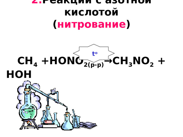 2. Реакции с азотной кислотой  ( нитрование )    CH 4 +HONO 2 (р-р) →CH 3 NO 2 + HOH  t o 