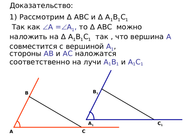 Доказательство:  1) Рассмотрим Δ АВС и Δ А 1 В 1 С 1   Так как  А =  А 1 , то Δ АВС  можно наложить на Δ А 1 В 1 С 1 так , что вершина А совместится с вершиной А 1 , стороны АВ и АС наложатся соответственно на лучи А 1 В 1  и А 1 С 1 В 1 В С 1 А 1 С А 
