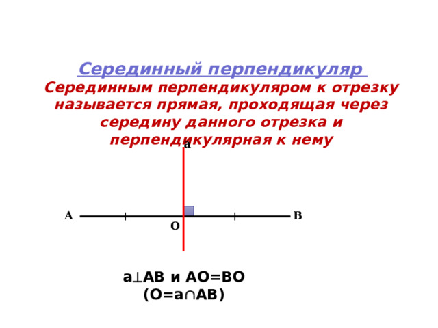     Серединный перпендикуляр    Серединным перпендикуляром к отрезку называется прямая, проходящая через середину данного отрезка и перпендикулярная к нему a A B O а  АВ и АО=ВО (О=а  АВ) 