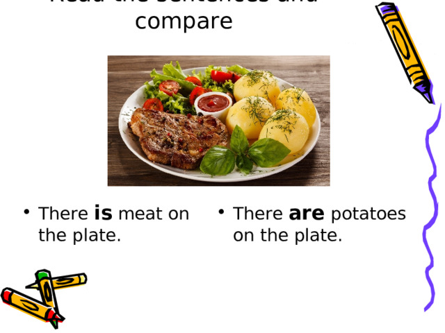 Read the sentences and compare There are potatoes on the plate. There is meat on the plate. 
