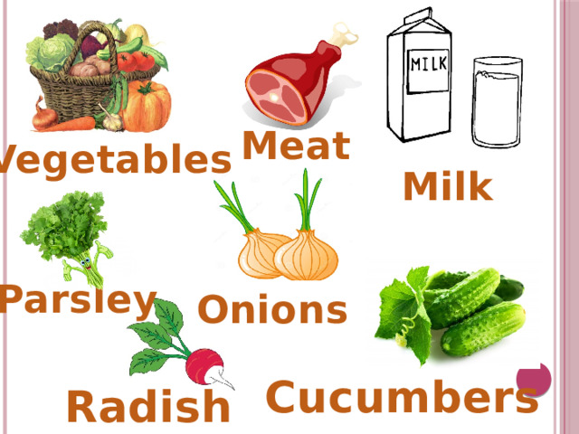 Meat Vegetables Milk Parsley Onions Cucumbers Radish 