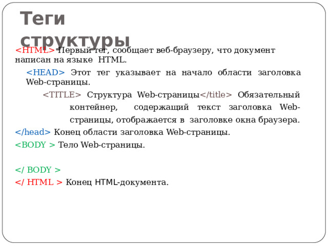 Теги структуры  Первый тег, сообщает веб-браузеру, что документ написан на языке HTML.  Этот тег указывает на начало области заголовка  Web-страницы.  Структура Web-страницы  Обязательный контейнер, содержащий текст заголовка Web-страницы, отображается в заголовке окна  браузера.  Конец области заголовка  Web-страницы.  Тело Web-страницы.   Конец  HTML- документа. 