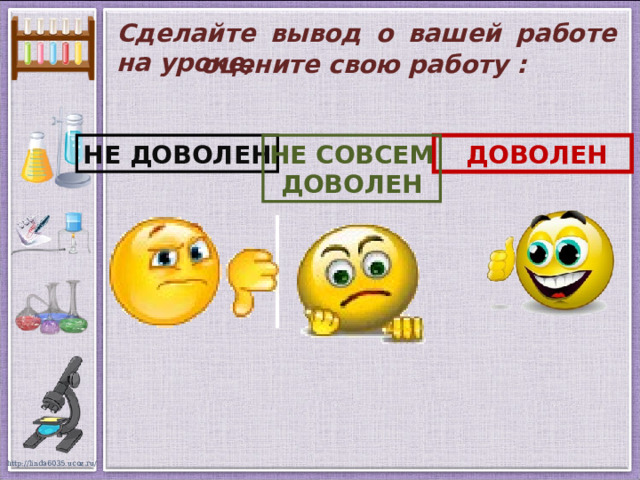 Сделайте вывод о вашей работе на уроке, оцените свою работу : НЕ ДОВОЛЕН  ДОВОЛЕН НЕ СОВСЕМ ДОВОЛЕН 