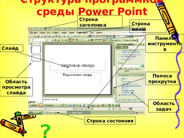 Структура программной среды Power Point Строка заголовка Строка меню Панель инструментов Слайд Полоса прокрутки Область просмотра слайда Область задач Строка состояния 