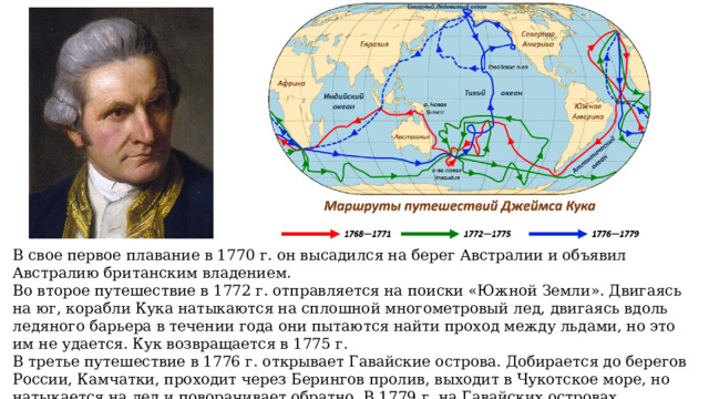 В свое первое плавание в 1770 г. он высадился на берег Австралии и объявил Австралию британским владением. Во второе путешествие в 1772 г. отправляется на поиски «Южной Земли». Двигаясь на юг, корабли Кука натыкаются на сплошной многометровый лед, двигаясь вдоль ледяного барьера в течении года они пытаются найти проход между льдами, но это им не удается. Кук возвращается в 1775 г. В третье путешествие в 1776 г. открывает Гавайские острова. Добирается до берегов России, Камчатки, проходит через Берингов пролив, выходит в Чукотское море, но натыкается на лед и поворачивает обратно. В 1779 г. на Гавайских островах останавливаются на ремонт и в стычке с туземцами Дж.Кук погибает. 