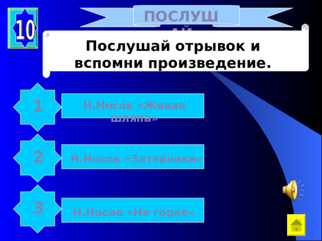 ПОСЛУШАЙ Послушай отрывок и вспомни произведение. 1 Н.Носов «Живая шляпа» 2 Н.Носов «Затейники» 3 Н.Носов «На горке» 